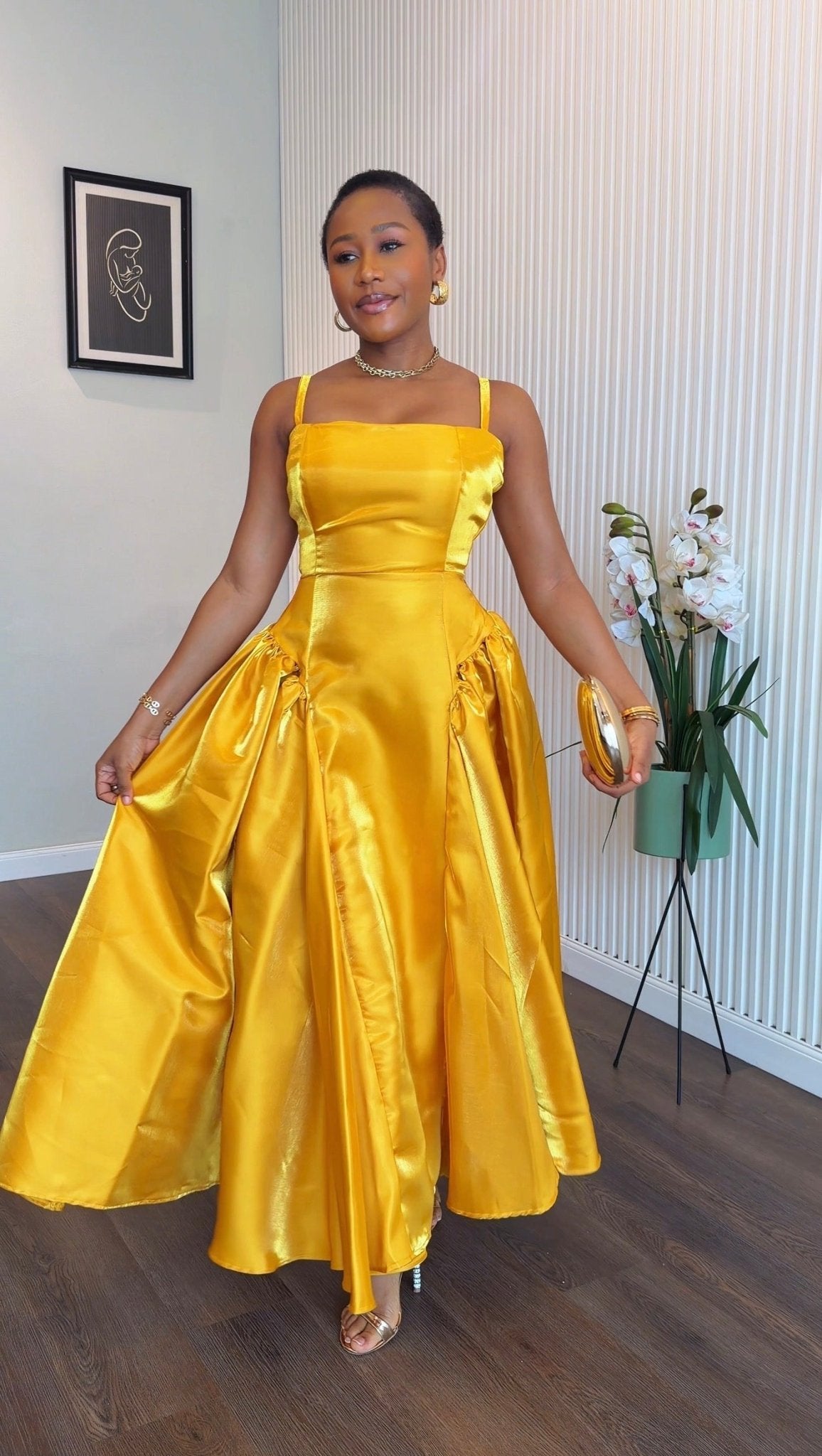 gold mikado dress Sheri dress(ready to wear) Trouser Inseam:W42 L30 The slim Silk Baptism Dress - Collection III